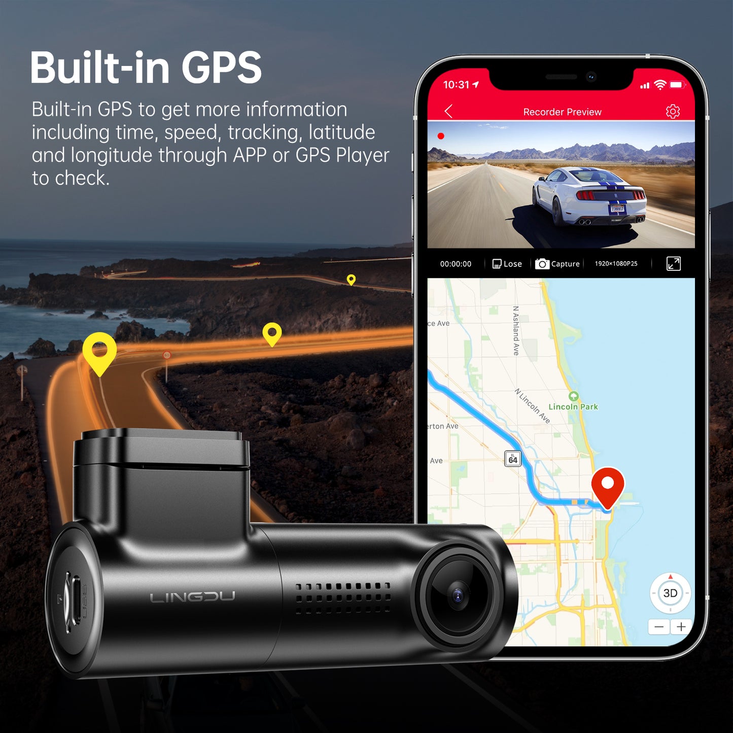 LINGDU D100 Wireless Dash Cam - The 2K HDR Smart Dash Camera with Built-in WIFI and GPS