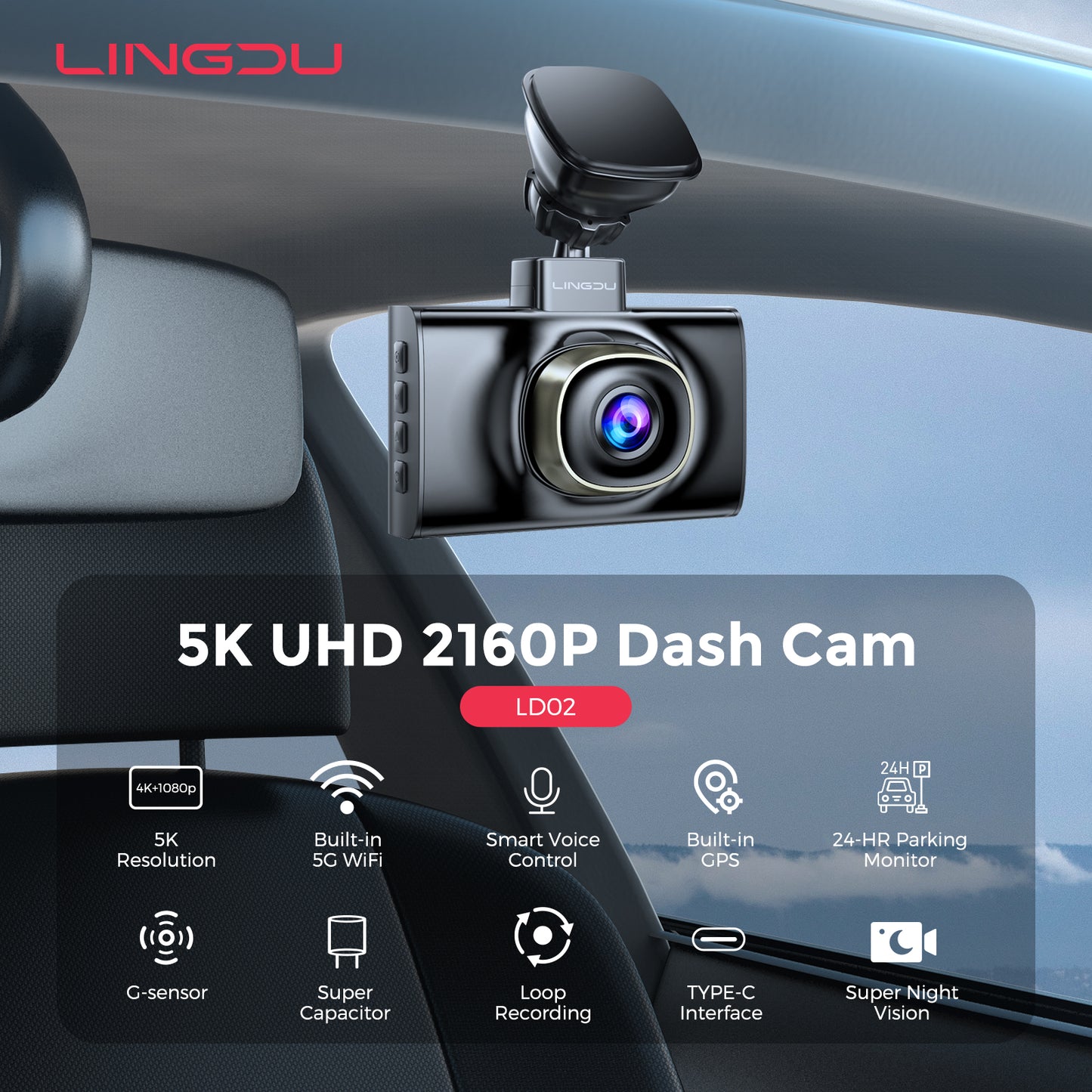 LINGDU LD02 Mirror Dash Cam - The 5K Dual-Channel Car Camera with Night Vision and 24H Parking Mode