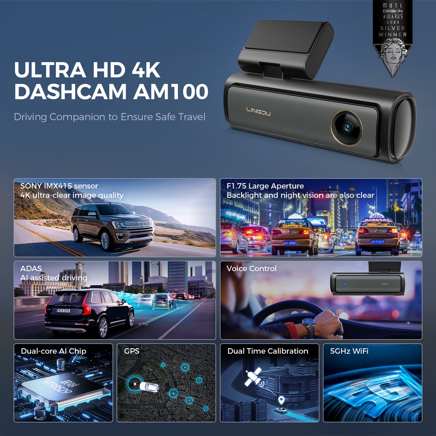 LINGDU AM100 Dash Cam - The 4K Ultra HD Car Security Camera with 24H Parking and Voice Control