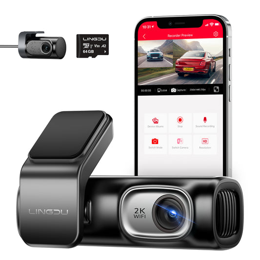 LINGDU D200 Dash Cam Front and Rear - The 2K 720P Car Camera with Built-in WiFi/APP and GPS