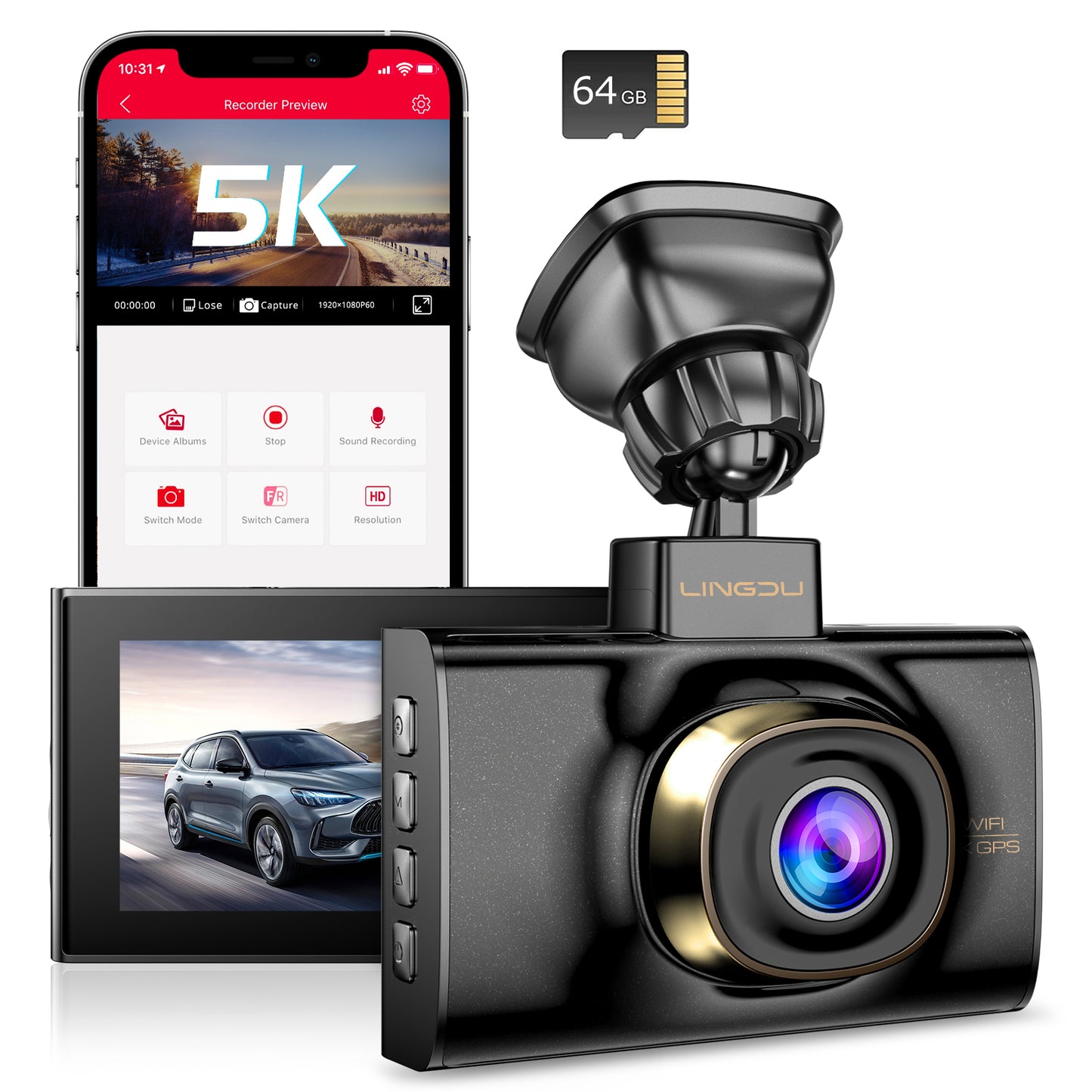 LINGDU LD02 Rearview Mirror Camera - The 5K Ultra HD Single-Channel Dash Cam for Car with Free 64GB Card