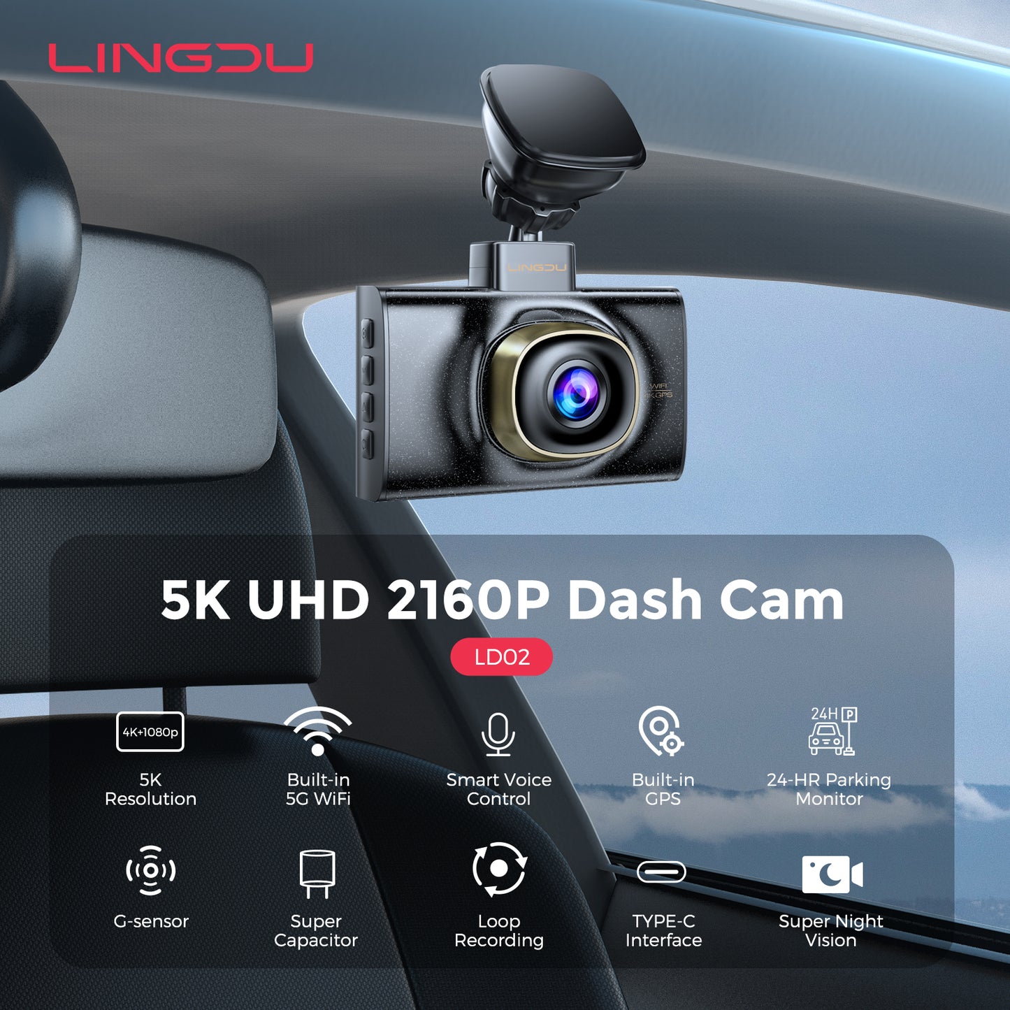 LINGDU LD02 Rearview Mirror Camera - The 5K Ultra HD Single-Channel Dash Cam for Car with Free 64GB Card